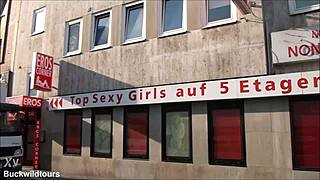 Unexpected contrasts in tourist sights along Reitwallstraße in Hannover Germany draw curious visitors