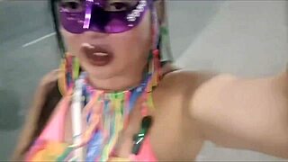 brunette latina flashes her big clit solo in the car like a cute exhibitionist during carnival