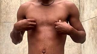 amateur gives a soapy dick massage in the shower, almost gets caught during first time monster cock action.