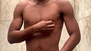 amateur gives a soapy dick massage in the shower, almost gets caught during first time monster cock action.