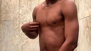 amateur gives a soapy dick massage in the shower, almost gets caught during first time monster cock action.