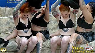 Redhead shaved lesbian and brunette lesbian lick suck finger kiss and share hard cock in bedroom.