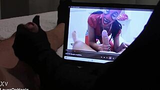 Preview Gift to My Biggest Fan Handjob in Gloves While Watching Vid with Cumshot and Monster Cock