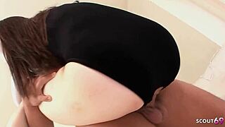 Cute Japanese teen in swimsuit seduces two guys for mmf threesome with double creampie in hairy pussy fuck