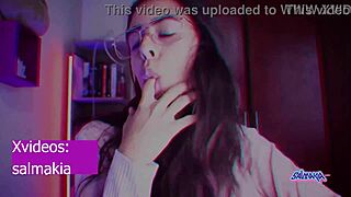 Vintage style vid with cute brunette Latina masturbating hairy pussy using huge dildo