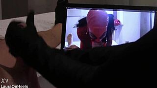 Preview Gift to My Biggest Fan Handjob in Gloves While Watching Vid with Cumshot and Monster Cock