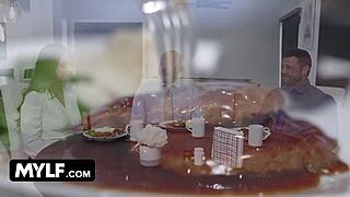 Pretty hot MILF wife gets fucked rough by hubby's fat cock boss. He dominates and creampies her at wedding.