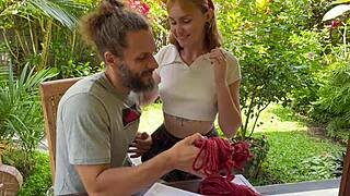 I feel so aroused as the tied-up cute blonde girlfriend devours my boner.