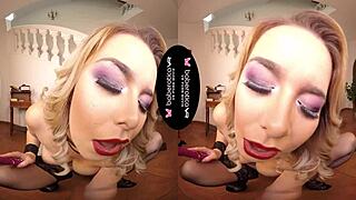 solo blonde nikky dream masturbates shaved pussy with toys in vr