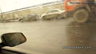 Shaved cunt teen does anal in the car with blowjob and rough fucking outdoors