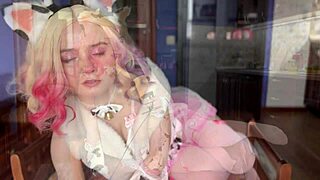 BLONDE babe in COSPLAY lingerie and socks MILKS her petite body in NERDY solo scene