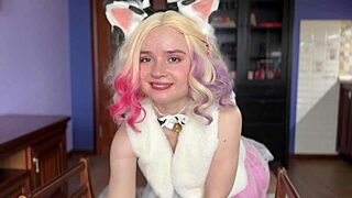 BLONDE babe in COSPLAY lingerie and socks MILKS her petite body in NERDY solo scene