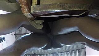 African ebony couple in dorm does rough homemade fucking with big ass fingering and hairy pussy teasing.