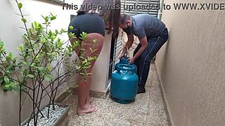 Watch this curvy Brazilian housewife provoke the gas delivery guy until he covers her in cum!