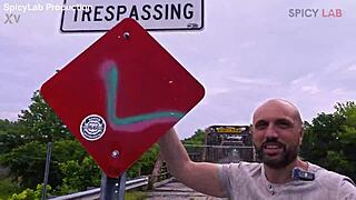 Exhibitionist busty milf flashes big tits and gets fucked with squirting orgasm on abandoned bridge.