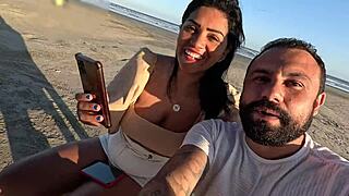 Intense public anal fuck on beach with spit and creampie in bent over doggystyle