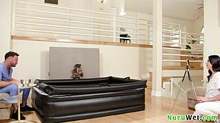 Naughty Big Tit Brunette Masseuse Films Wet Naked Nuru Massage Session with Seth Gamble and Gal Ritchie