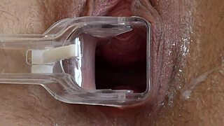 Amateur milf masturbates with gynecological speculum for close-up cervix and gaping hairy pussy fetish