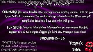 Dominant female interrogates you in erotic audio then handcuffs and uses you for her intense pleasure!
