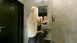 big tits long haired blonde feels excited in see through mini skirt with socks