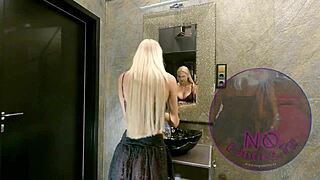 big tits long haired blonde feels excited in see through mini skirt with socks