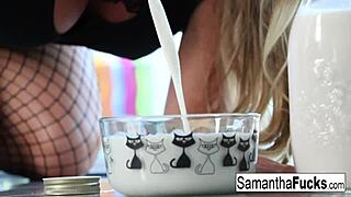 Samantha the blonde babe with big tits strips nude and masturbates slowly in a relaxing milk bath scene.