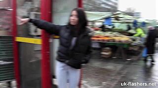 Horny British girl flashes and masturbates outdoors, fingering her shaved pussy in public exhibition.