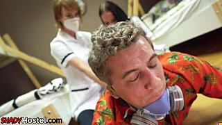 In a steamy hostel room, the trio engaged in intense sucking and rimming during room service.