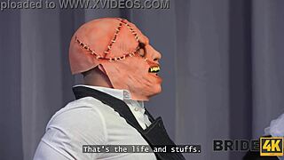 Bride4k showcases a cute brunette bride in a wedding dress enjoying blowjob domination with a monster cock.