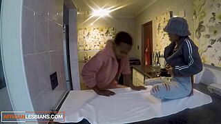 Black lesbian college roommates get caught in the kitchen during their homemade session. They explore dorm life with ebony elegance and close encounters.