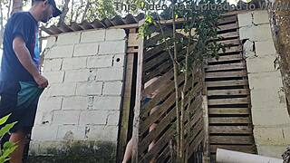 the brazilian housewife in jeans and shorts received the bricklayer for a budget quote outdoors. she knew he wouldn't resist her big ass with dirty talk and rough foreplay.