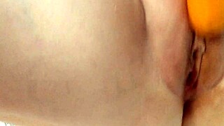 wife rams huge fat carrot deep in her homemade pussy fuck