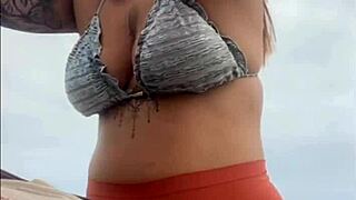 Tina's Swollen Wet Pussy Flashes on Beach Ready for Action