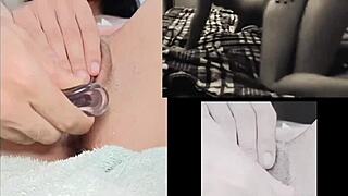 Petite teen babe masturbates watching sexy lesbian sex action.