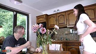 briseida myers bends over kitchen desk for rough anal and throat slam