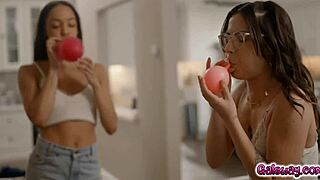 lulu chu sneaks away from kissing to finger and trib with petite electra rayne intimately