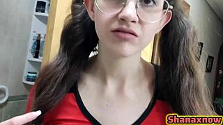 nerdy cheerleader shanaxnow begs for cum-guzzling blowjob pov
