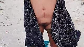 horny latina whore flashes huge tits and ass in mexican beach public lingerie tease