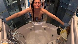 brunette neighbor moans as huge cock fucks her bent over in the bath