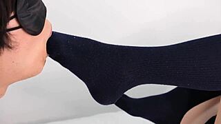 cutie in navy socks gives footjob cosplay femdom to m male foot fetish?