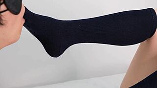 cutie in navy socks gives footjob cosplay femdom to m male foot fetish?