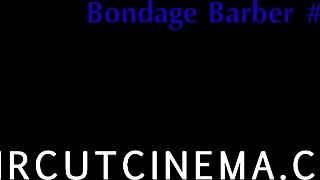 Shaved sub bound in cinema femdom domination haircut spanking fetish control