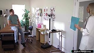 busty doctor strips uniform to examine suck and ride patient's throbbing cock in hospital