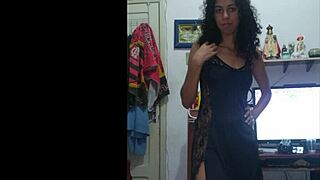 Juicy Brazilian Housewife Teases Shaved Pussy in Black Shirt at Home