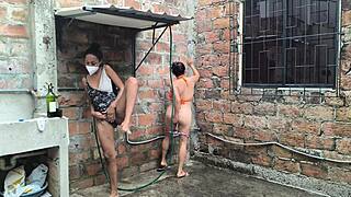 neighbors shower chat gets exciting spraying water on skin