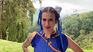 chun-li cosplay slut twerks ass then deepthroats cock outdoors