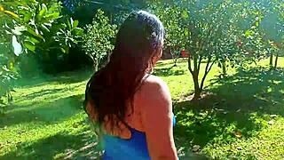 Watch this submissive Venezuelan milf flash big ass outdoors for cuckold husband!