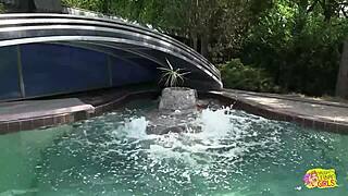 pretty blonde babe kisses big titted brunette poolside before tight pussy licking sex