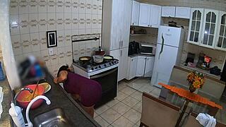 BBW mature milf cooks for lover while cuckold husband works showing big tits and belly