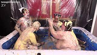 Four hot bisexual babes get messy licking fat pussies at wild food fetish party